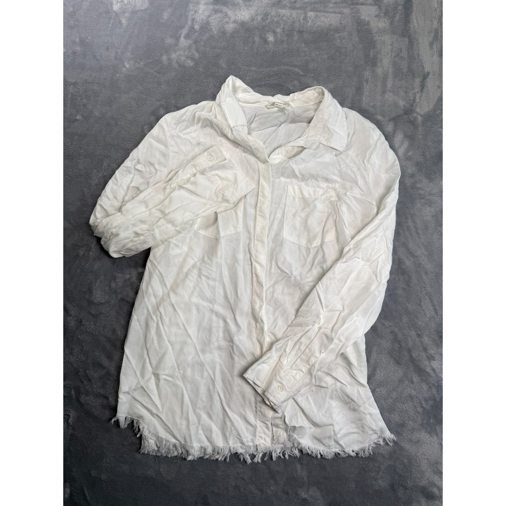 Beachlunchlounge Shirt Womens XL White Lyocell Long Sleeve Button Up Fringed Hem